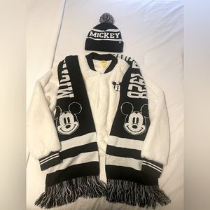 Disney Mickey Mouse faux fur jacket size L , Beanie & scarf collection.